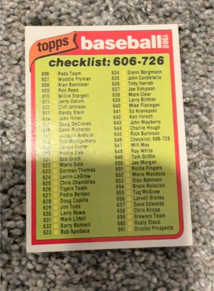 1980 Topps #646 Checklist 606-726 — front