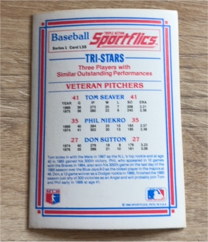 1986 Sportflics #130 Tri-Stars Veteran Pitchers Tom Seaver Phil Niekro Don Sutton — front