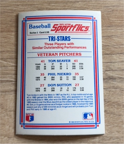 1986 Sportflics #135 Tri-Stars Veteran Pitchers Tom Seaver Phil Niekro Don Sutton — front