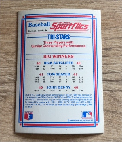 1986 Sportflics #134 Tri-Stars Rick Sutcliffe Tom Seaver John Denny — front