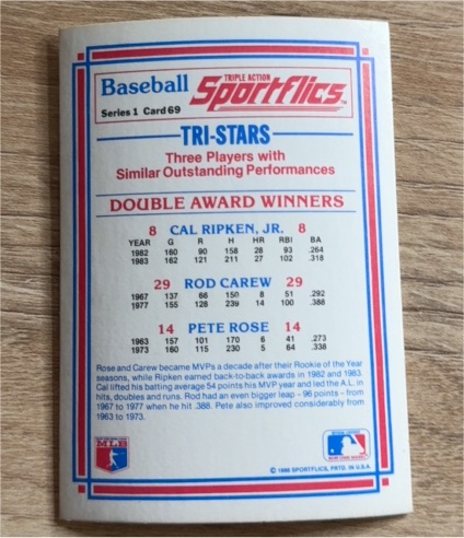 1986 Sportflics #69 Tri-Stars Cal Ripken Jr. Rod Carew Pete Rose — front