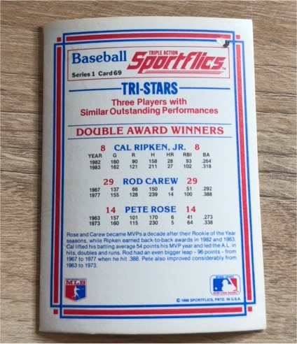 1986 Sportflics Series 1 Card 69 Tri-Stars Cal Ripken Jr. Rod Carew Pete Rose — front