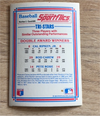 1986 Sportflics #69 Tri-Stars Cal Ripken Jr. Rod Carew Pete Rose — front