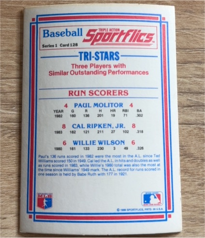 1986 Sportflics #128 Tri-Stars Paul Molitor Cal Ripken Jr. Willie Wilson — front