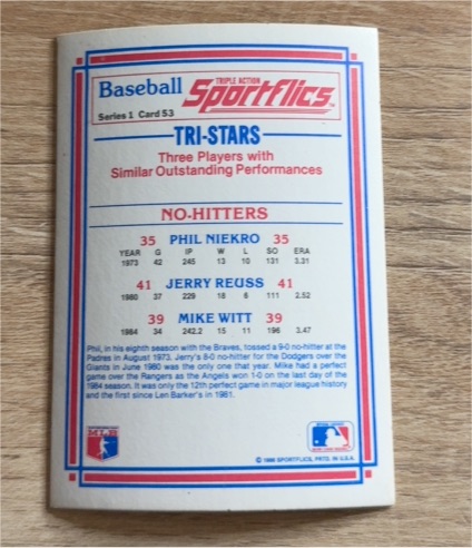 1986 Sportflics Series 1 #53 Tri-Stars No-Hitters Phil Niekro Jerry Reuss Mike Witt — front