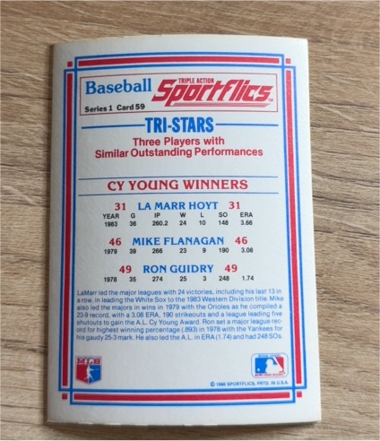 1986 Sportflics #59 Tri-Stars LaMarr Hoyt Mike Flanagan Ron Guidry — front