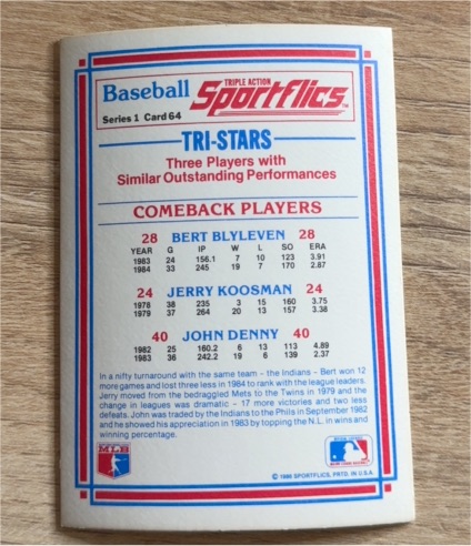 1986 Sportflics Series 1 #64 Tri-Stars Bert Blyleven Jerry Koosman John Denny — front