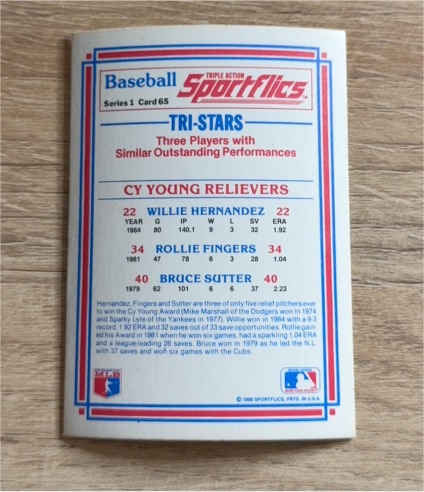 1986 Sportflics #65 Tri-Stars Willie Hernandez Rollie Fingers Bruce Sutter — front