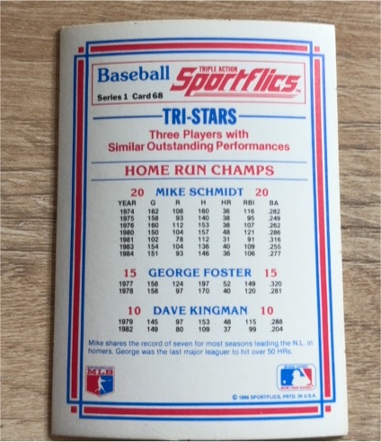 1986 Sportflics #68 Tri-Stars Home Run Champs Mike Schmidt George Foster Dave Kingman — front