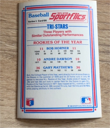 1986 Sportflics Series 1 #66 Tri-Stars Rookies of the Year Bob Horner Andre Dawson Gary Matthews — front