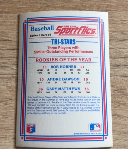 1986 Sportflics #66 Andre Dawson, Bob Horner, Gary Matthews — front