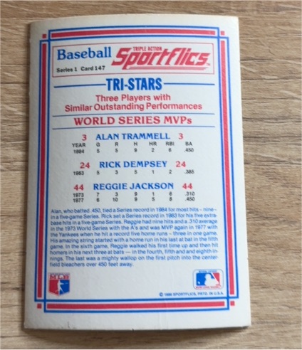 1986 Sportflics #147 Tri-Stars World Series MVPs Alan Trammell Rick Dempsey Reggie Jackson — front