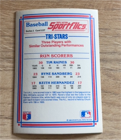 1986 Sportflics #127 Tri-Stars Tim Raines Ryne Sandberg Keith Hernandez — front