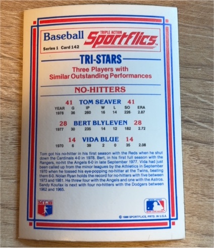 1986 Sportflics #142 Tri-Stars No-Hitters Tom Seaver Bert Blyleven Vida Blue — front