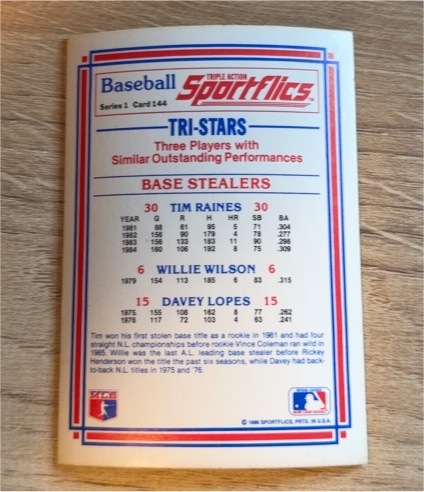 1986 Sportflics #144 Tri-Stars Tim Raines Willie Wilson Davey Lopes — front