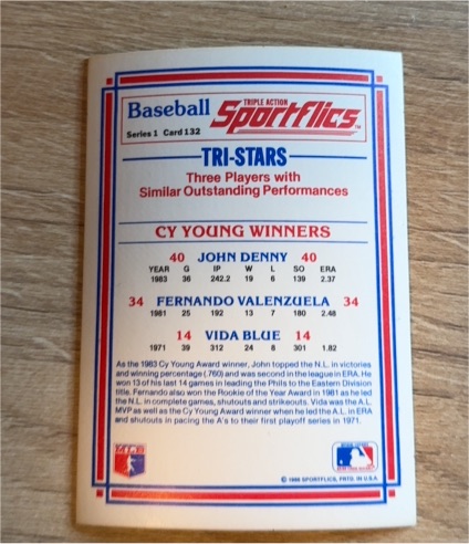 1986 Sportflics #132 Tri-Stars John Denny Fernando Valenzuela Vida Blue — front