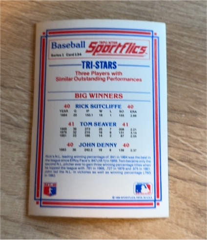 1986 Sportflics #14 Tri-Stars Rick Sutcliffe Tom Seaver John Denny — front
