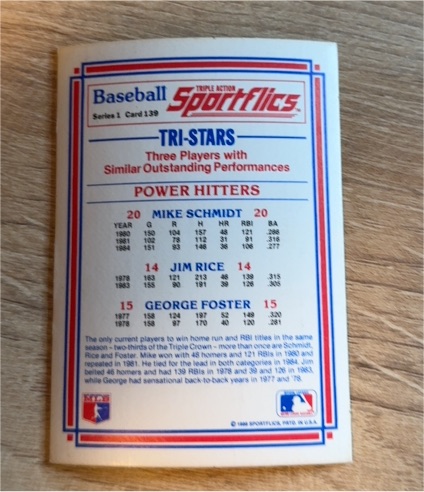 1986 Sportflics #139 Tri-Stars Mike Schmidt Jim Rice George Foster — front