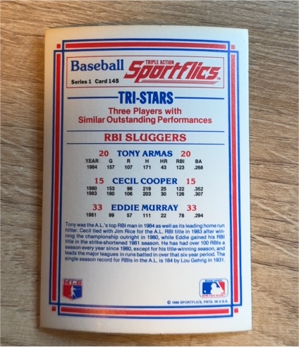 1986 Sportflics #145 Tri-Stars Tony Armas Cecil Cooper Eddie Murray — front