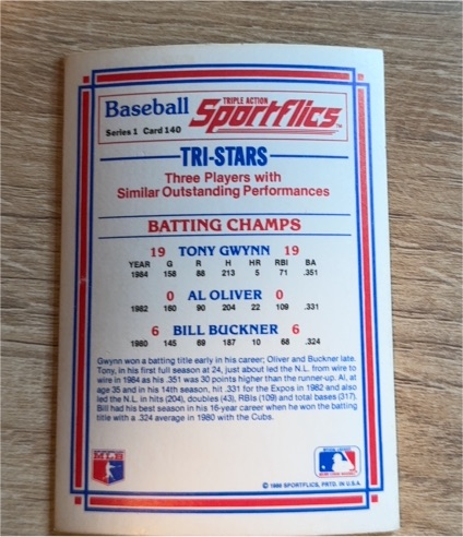 1986 Sportflics Series 1 #140 Tri-Stars Tony Gwynn Al Oliver Bill Buckner — front