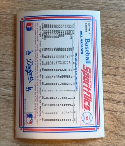 1986 Sportflics #52 Bill Madlock — front