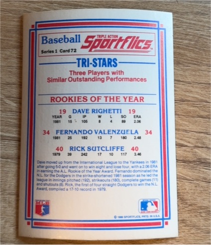 1986 Sportflics Series 1 #72 Tri-Stars Rookies of the Year Dave Righetti Fernando Valenzuela Rick Sutcliffe — front
