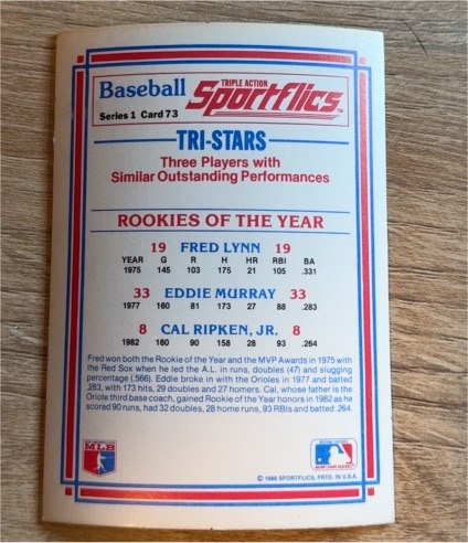 1986 Sportflics Baseball Series 1 #73 Tri-Stars Fred Lynn Eddie Murray Cal Ripken Jr. — front