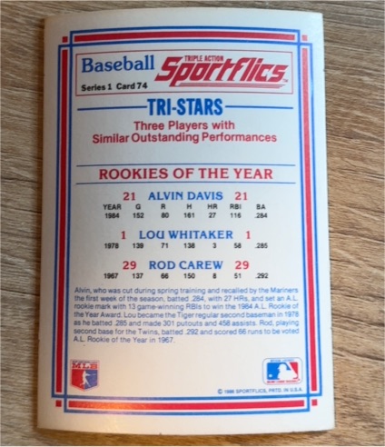 1986 Sportflics Series 1 #74 Tri-Stars Alvin Davis Lou Whitaker Rod Carew — front