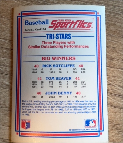 1986 Sportflics #134 Tri-Stars Rick Sutcliffe Tom Seaver John Denny — front