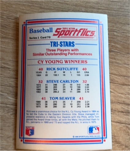 1986 Sportflics #70 Tri-Stars CY Young Winners Rick Sutcliffe Steve Carlton Tom Seaver — front