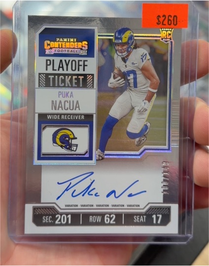 2023 Panini Contenders #125 Puka Nacua Playoff Ticket Auto Rookie RC #'d /149 — front
