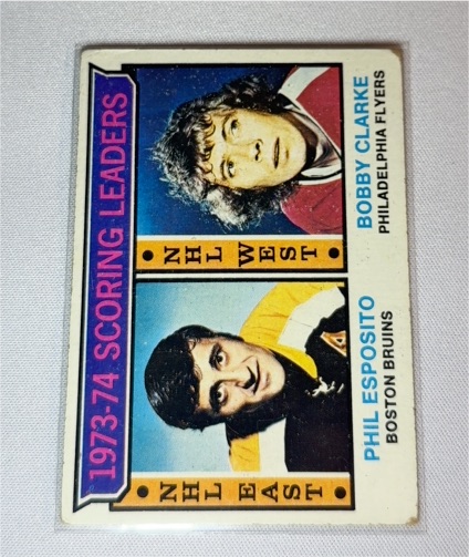 1974-75 Topps #3 1973-74 Scoring Leaders Phil Esposito / Bobby Clarke — front