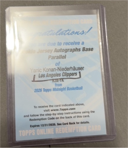 2026 Topps Midnight Basketball Autograph Base Parallel Redemption Card Yanic Konan-Niederhäuser — front