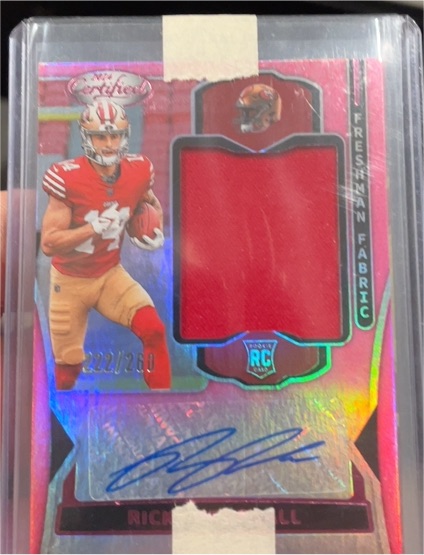 2024 Panini Certified Freshman Fabric Ricky Pearsall Rookie Patch Auto RC Pink /260 — front