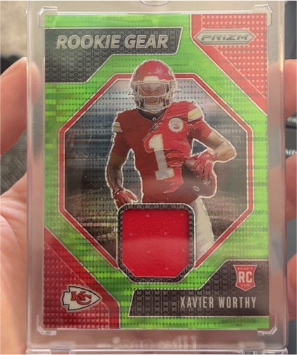 2024 Panini Prizm #RG-XWY Xavier Worthy Rookie Gear Neon Green Pulsar Prizm — front