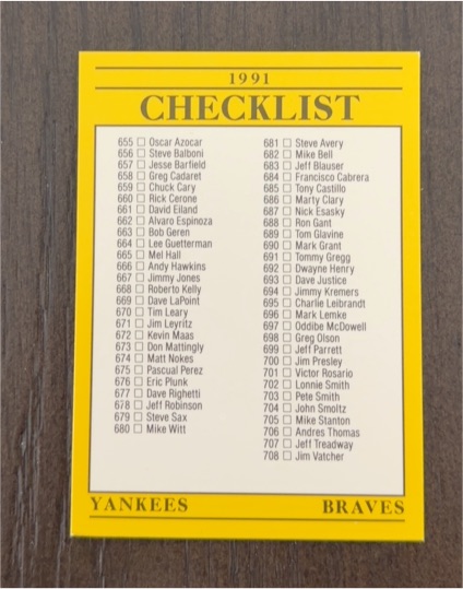 1991 Fleer #720 Checklist Yankees Braves — front