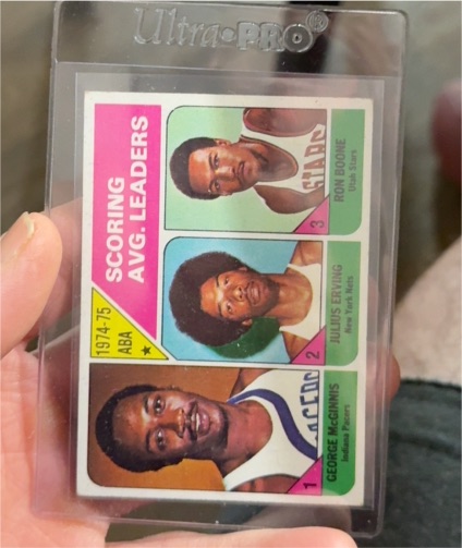 1975-76 Topps #221 ABA Scoring Avg. Leaders Julius Erving, George McGinnis, Ron Boone — front