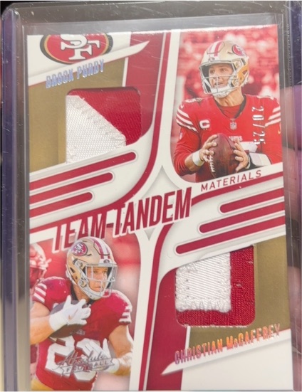 2025 Panini Absolute Team Tandem Materials #TTM-SF Brock Purdy / Christian McCaffrey — front