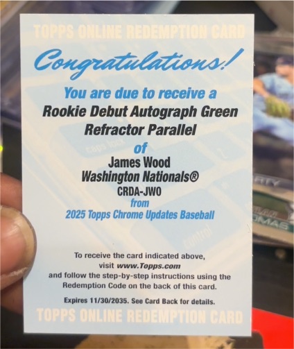 2025 Topps Chrome Updates #CRDA-JWO James Wood Rookie Debut Autograph Green Refractor Parallel — front
