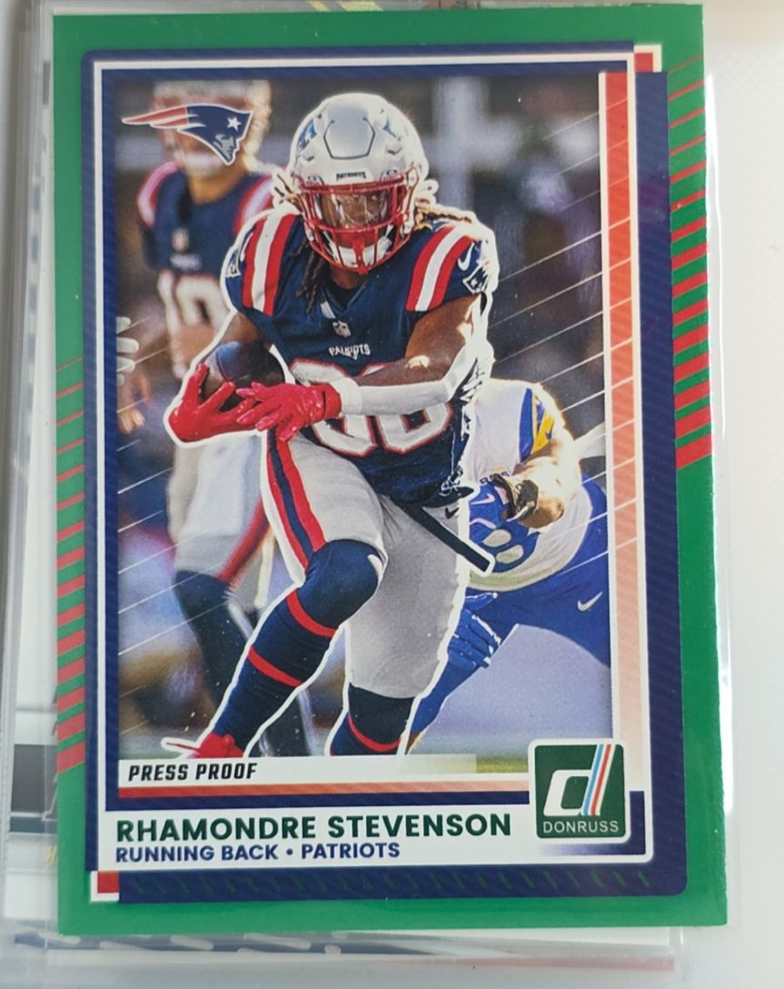 2025 Panini Donruss #63 Rhamondre Stevenson Press Proof Green — front