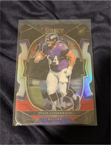 2022 Panini Select #74 Tyler Linderbaum Rookie Concourse Red & Blue Prizm Die-Cut — front