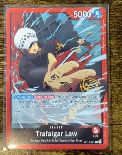 One Piece TCG 2026 OP14-001 Trafalgar Law The Azure Sea's Seven — front