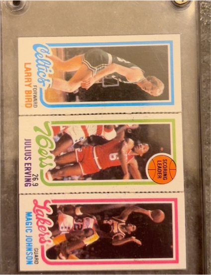 1980-81 Topps #6 Larry Bird / 34 Julius Erving / 174 Magic Johnson — front