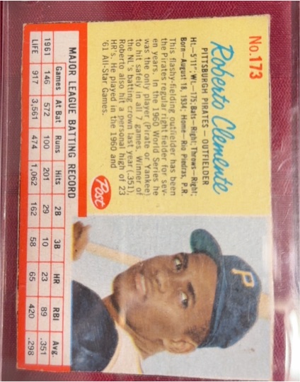 1962 Post Cereal #173 Roberto Clemente — front