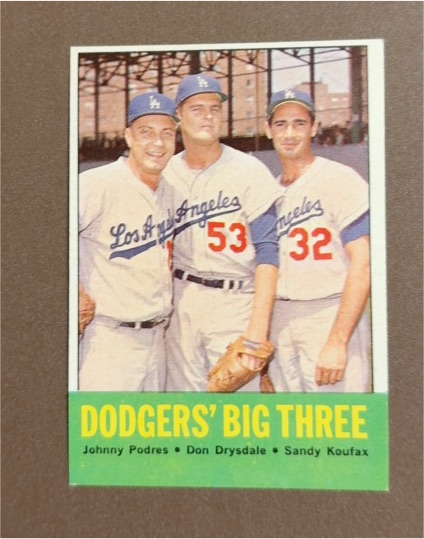 1963 Topps #412 Dodgers' Big Three Sandy Koufax Don Drysdale Johnny Podres — front