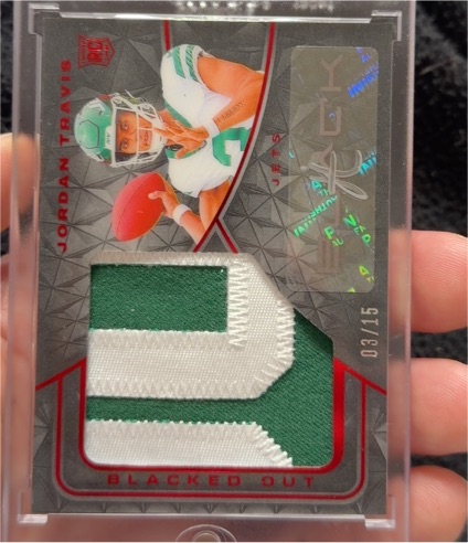 2024 Panini Black #03/15 Jordan Travis Blacked Out Jumbo Rookie Patch Auto — front