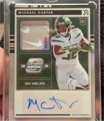 2021 Panini Contenders Optic #RPA-MCA Michael Carter Rookie Patch Autograph — front
