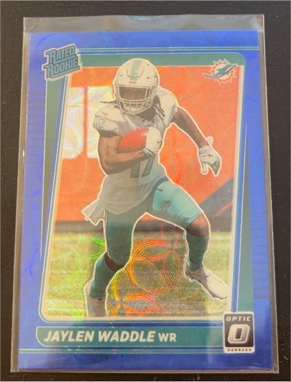 2021 Donruss Optic #208 Jaylen Waddle Rated Rookie Blue Hyper Prizm — front