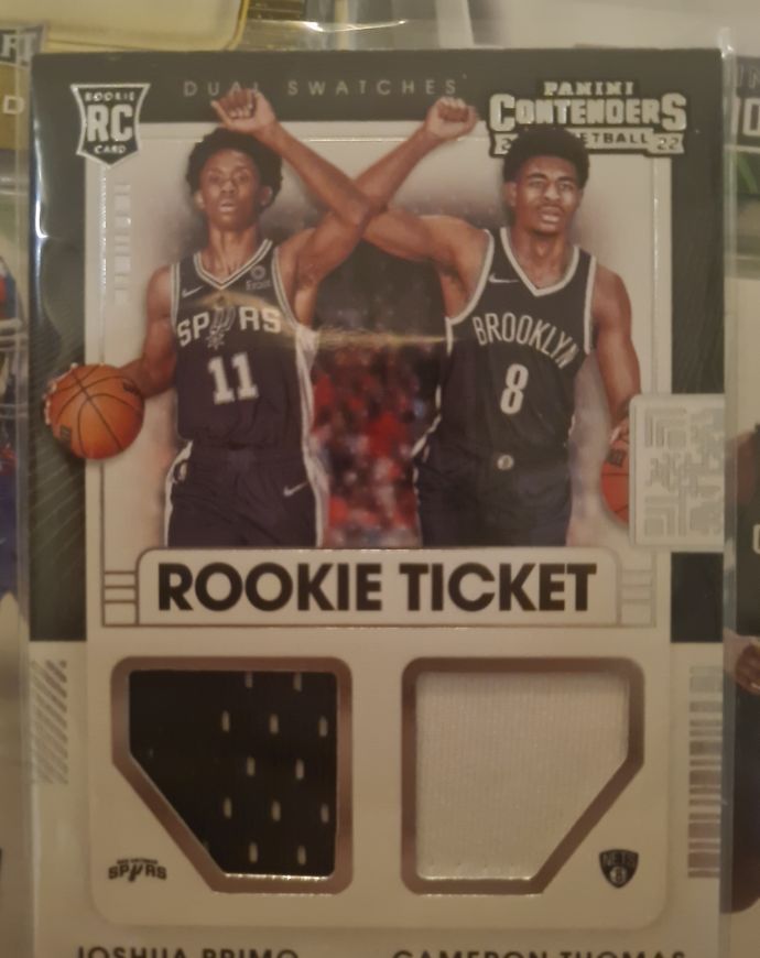 2021-22 Panini Contenders Rookie Ticket Dual Swatches #RT2-SEC Joshua Primo Cameron Thomas — front