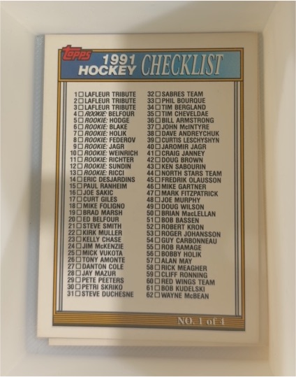 1991 Topps Hockey Checklist No. 1 of 4 — front